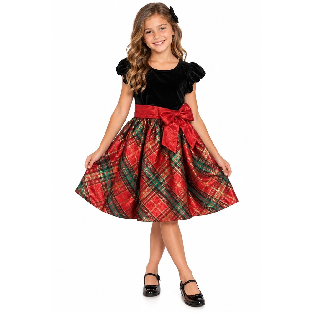 Bonnie Jean Girls Size 8 Christmas Dress Red Plaid Black Velvet Holiday Party